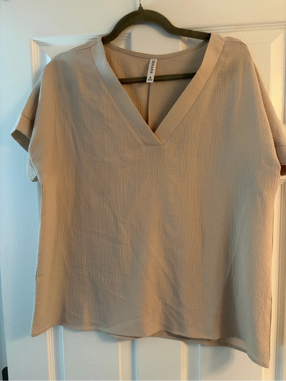 Zenana Outfitters Beige V-Neck Short Sleeve Blouse